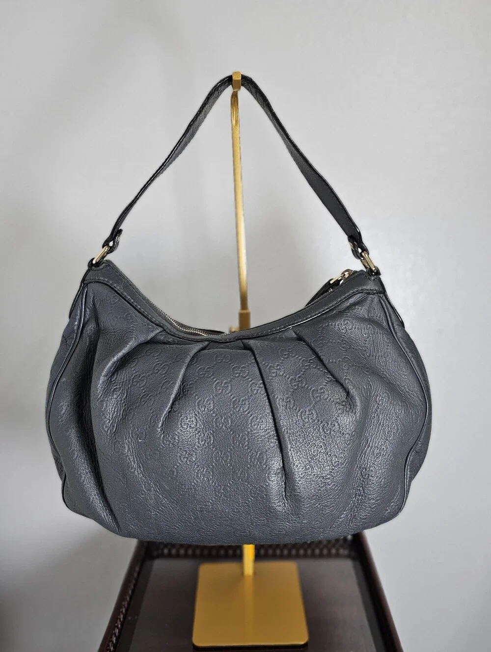 Gucci Grey Guccisima Embossed Leather Sukey Hobo GoldTone Charm Shoulder Bag